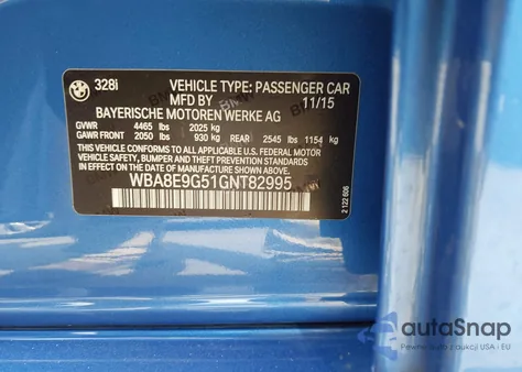 2016 BMW 328I z USA, uszkodzony, nr VIN WBA8E9G51GNT82995